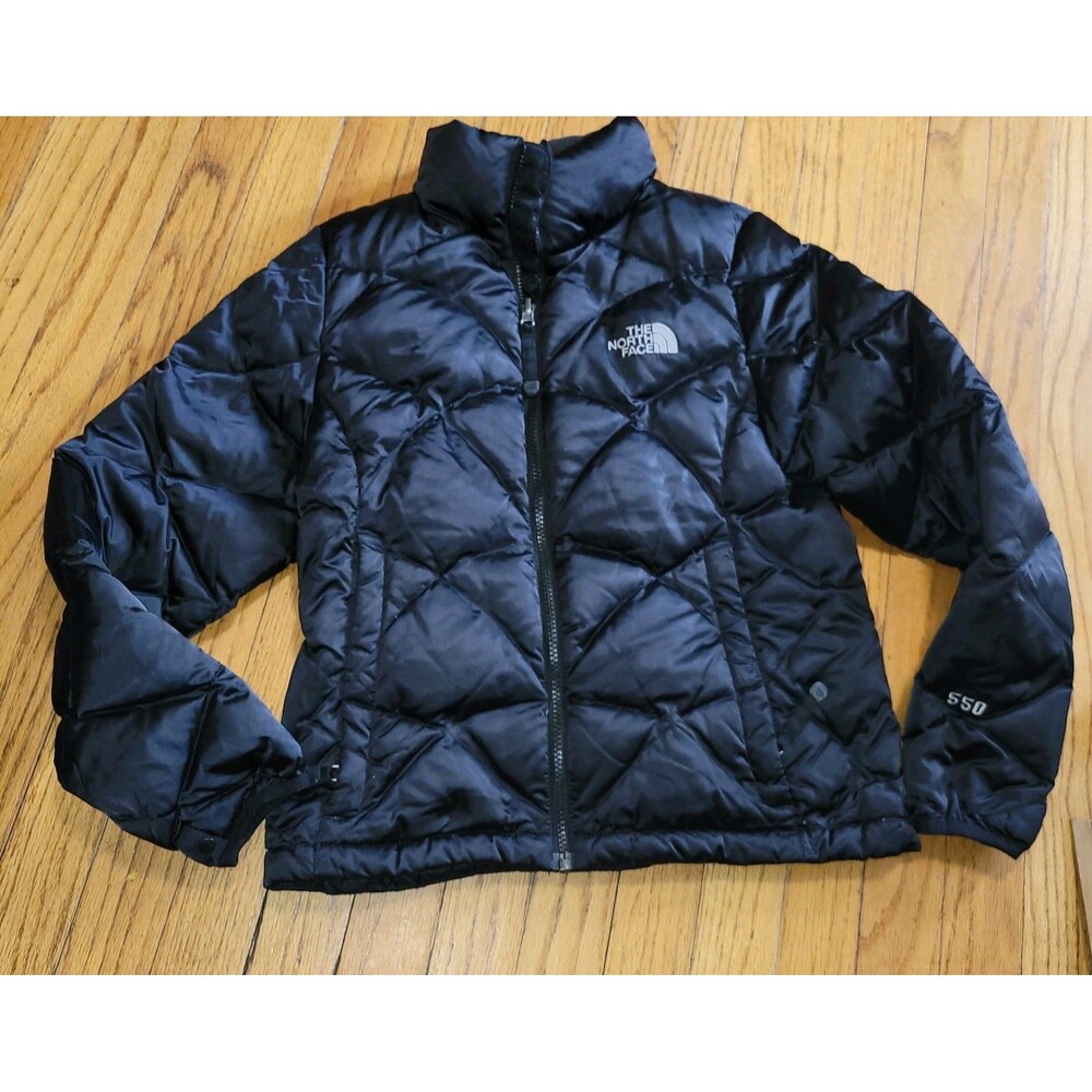 Women Sz XS The North Face Aconcagua 550 Down Puffer Satin Jacket Black Coat